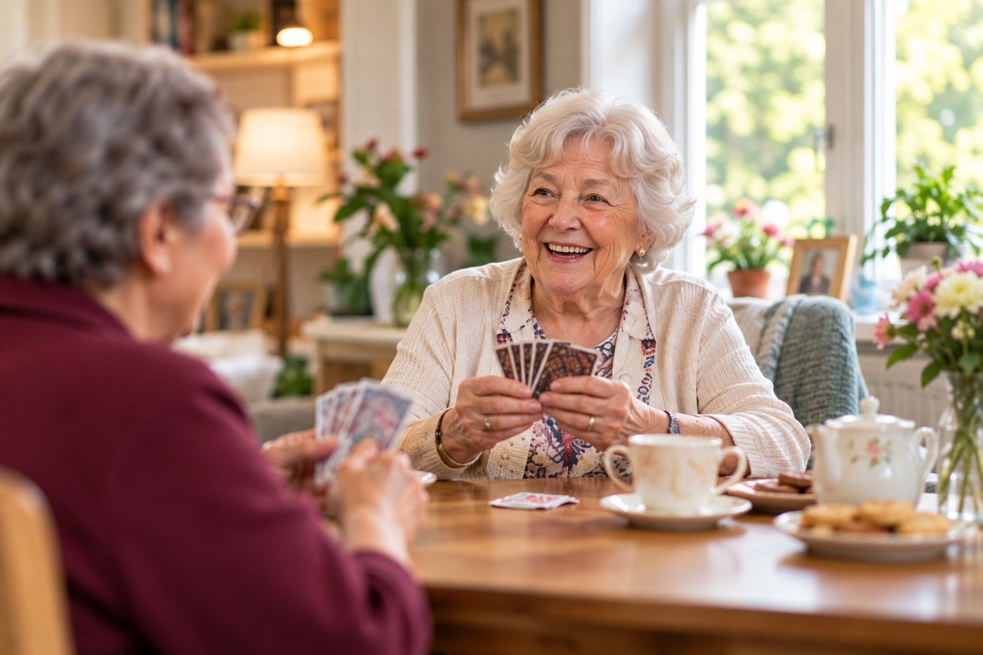 Two friends playing cards together at the table