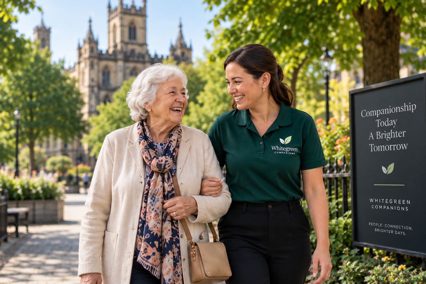 Two people walking and talking together in town