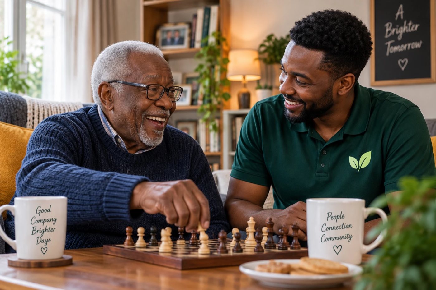 A companion and a client playing chess at the table