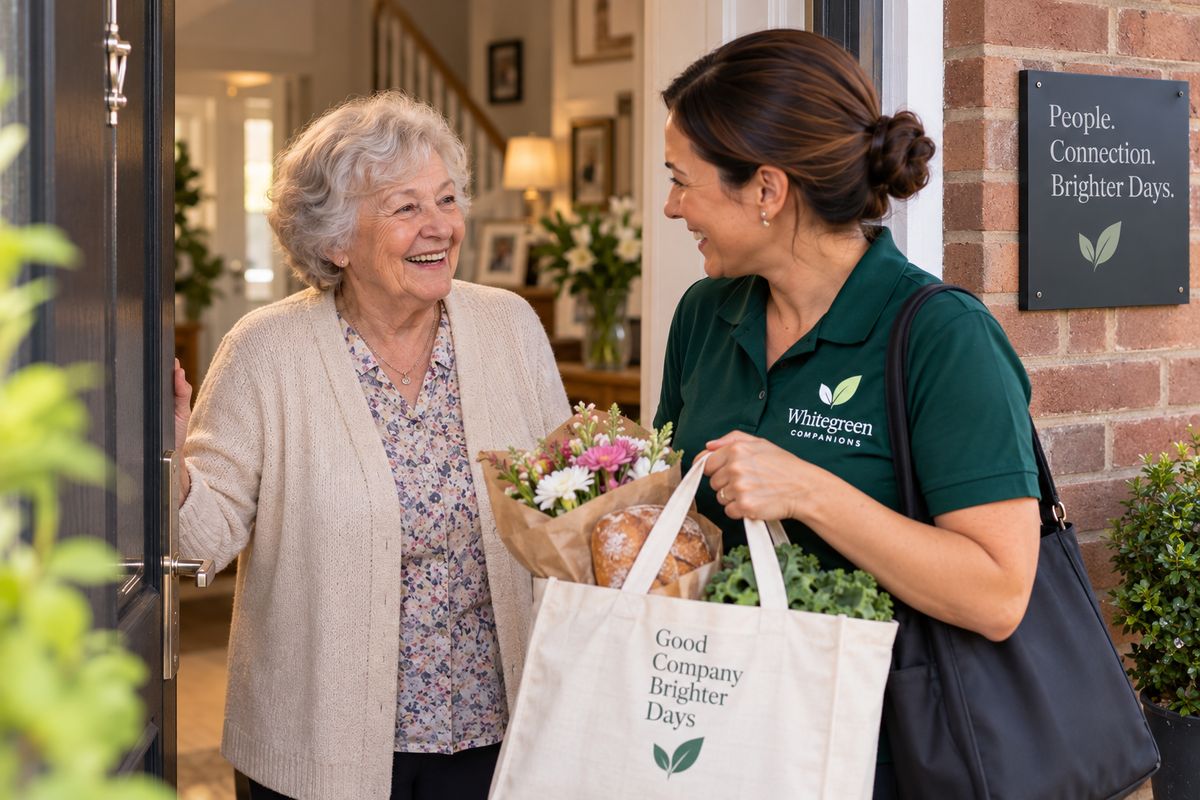 A companion arriving at a front door with the shopping
