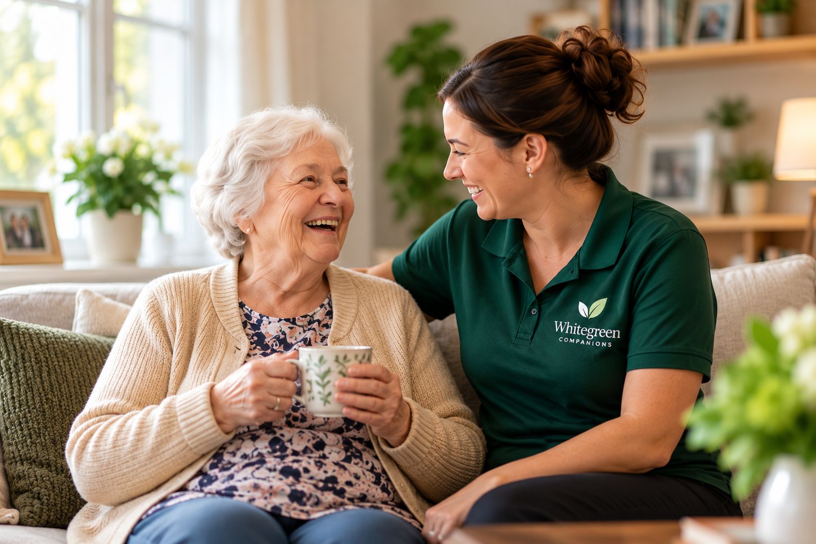 A companion and a client sharing a cup of tea