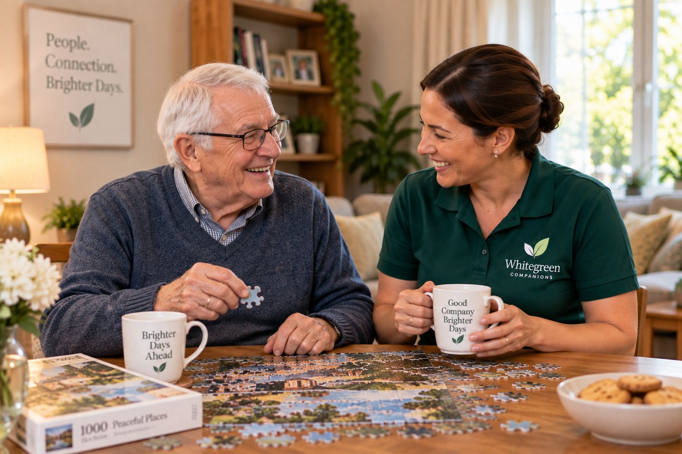 A companion and a client working on a jigsaw together
