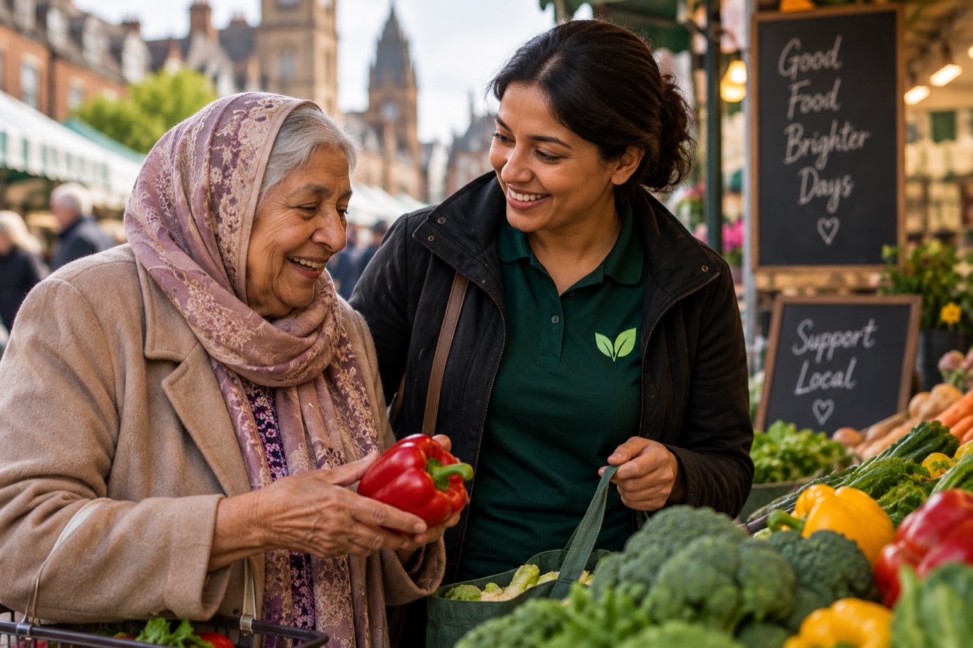 A companion and a client choosing vegetables at a market stall