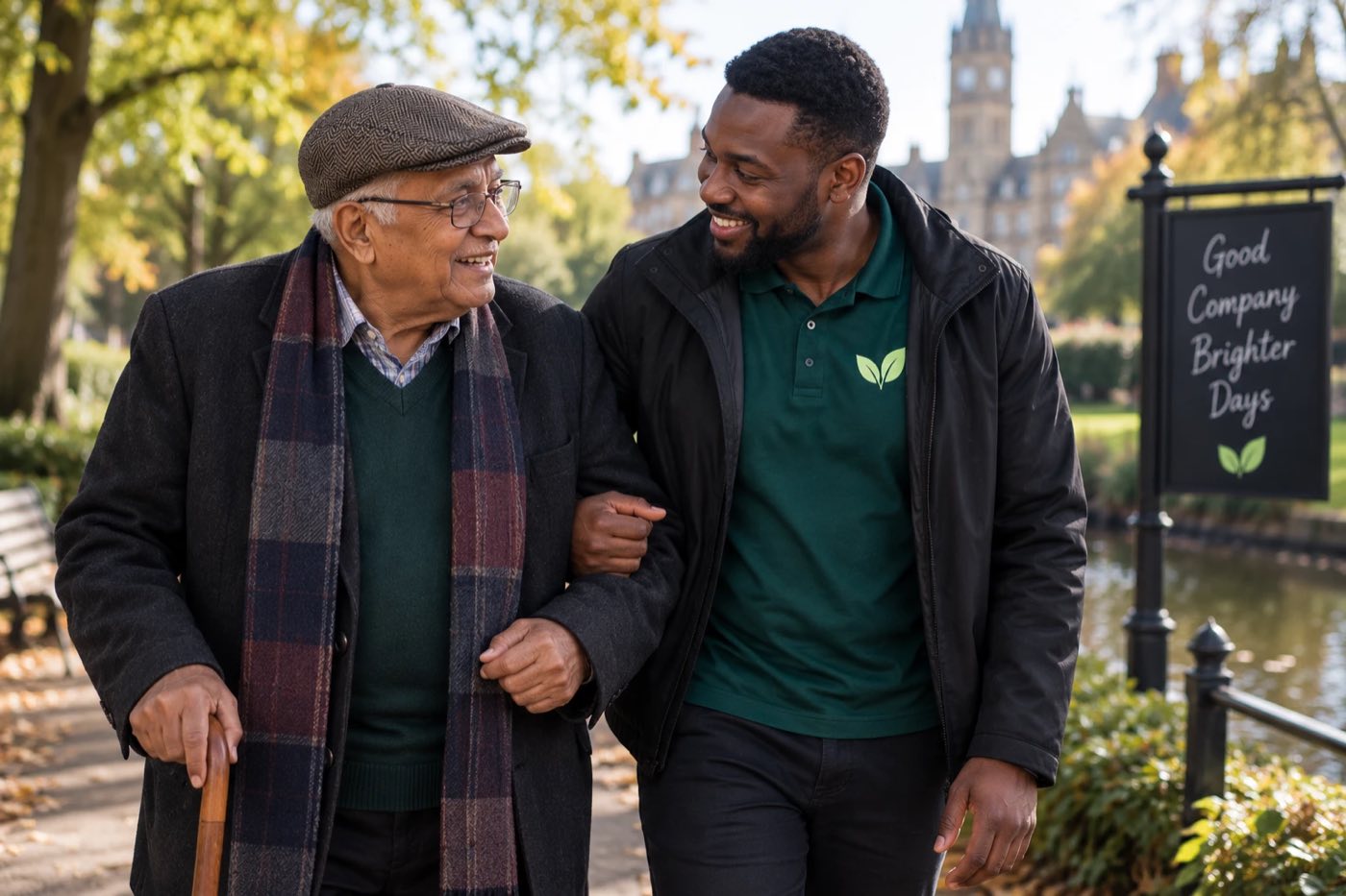 A companion and a client walking through a local park