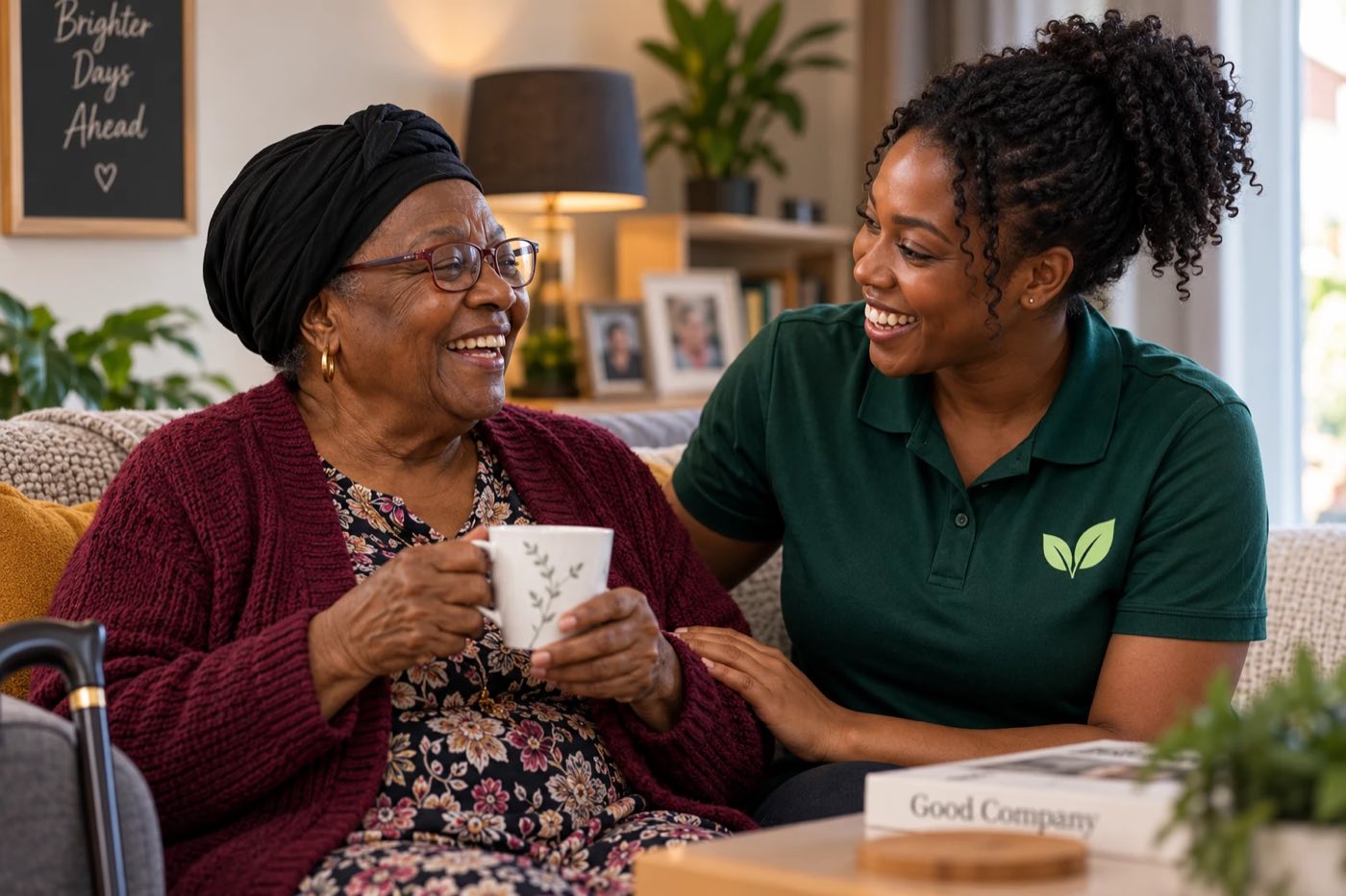 A companion and a client talking over a mug of tea on the sofa