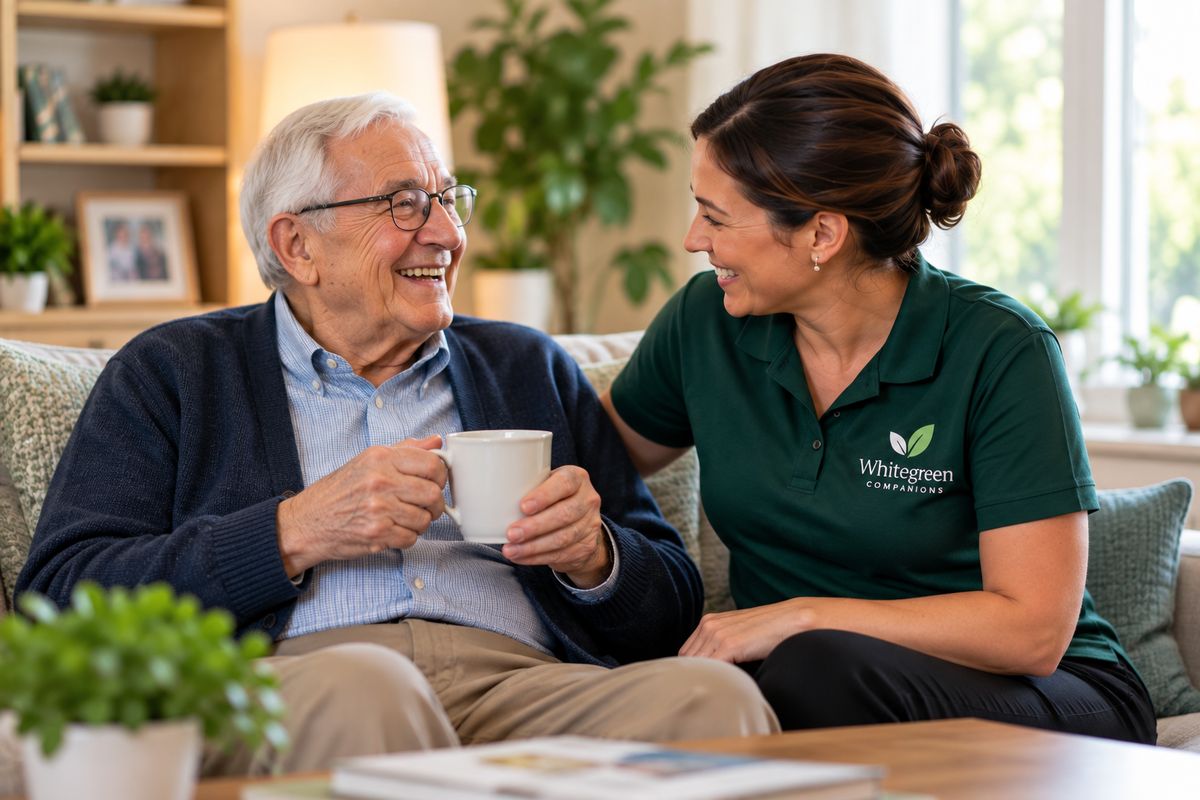 A companion sitting with a resident, both holding a mug