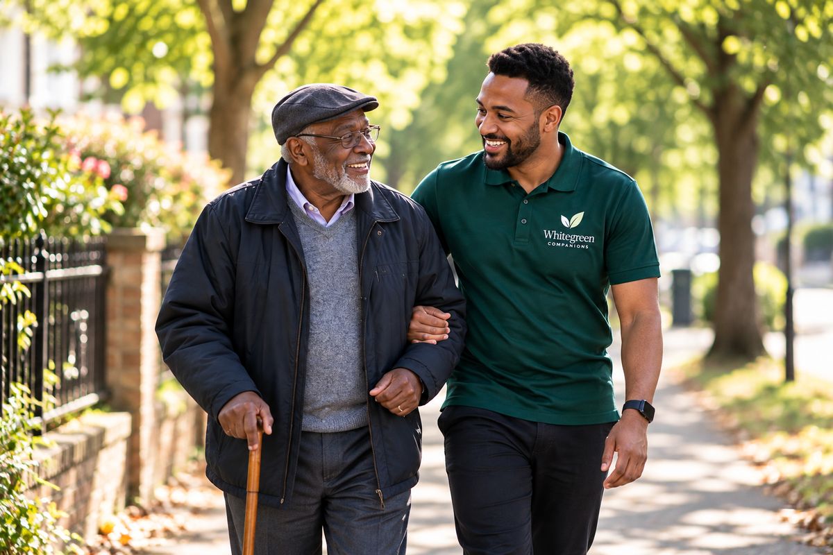 A companion and a client walking a tree-lined street together